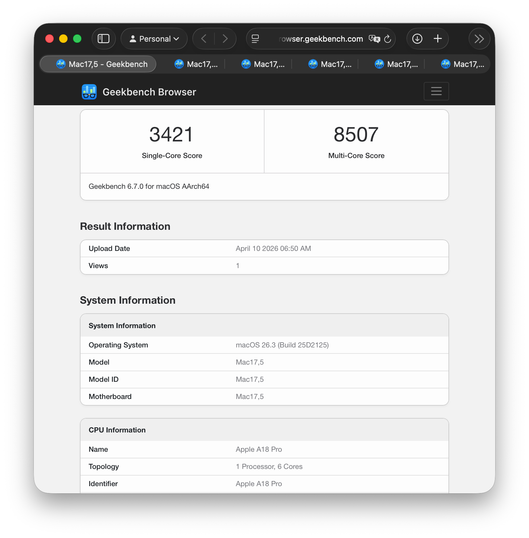 Trong Geekbench 6, máy đạt 3.421 điểm đơn nhân và 8.507 điểm đa nhân Trong Geekbench 6, máy đạt 3.421 điểm đơn nhân và 8.507 điểm đa nhân